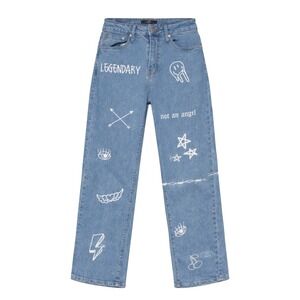 Y2K Graphic Streetwear Straight Leg Jeans Women Size 6 Indie Sleaze Grunge Retro